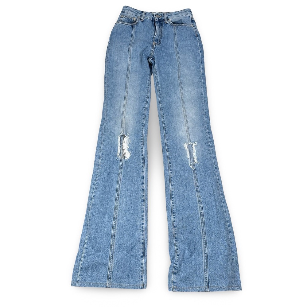 Alessandra Rich High Rise Wide Leg Distressed Twisted Seam Jeans Blue Size 25